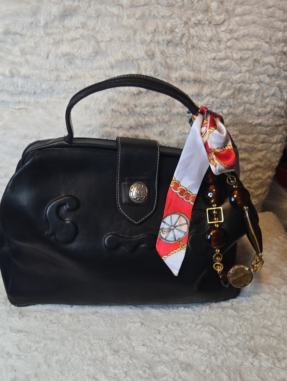 Saks Fifth Avenue Made IN Italy Black Leather Top-Handle Satchel with Scarf